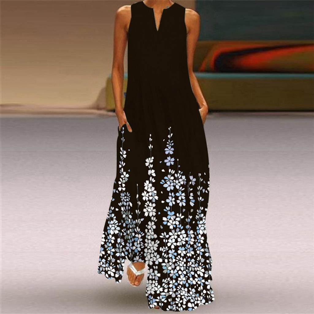 Yousheng Lady Maxi Dress with Pockets Flower Printing A-line V Neck Sleeveless Loose Full Length Dress for Vavation Beach Parties