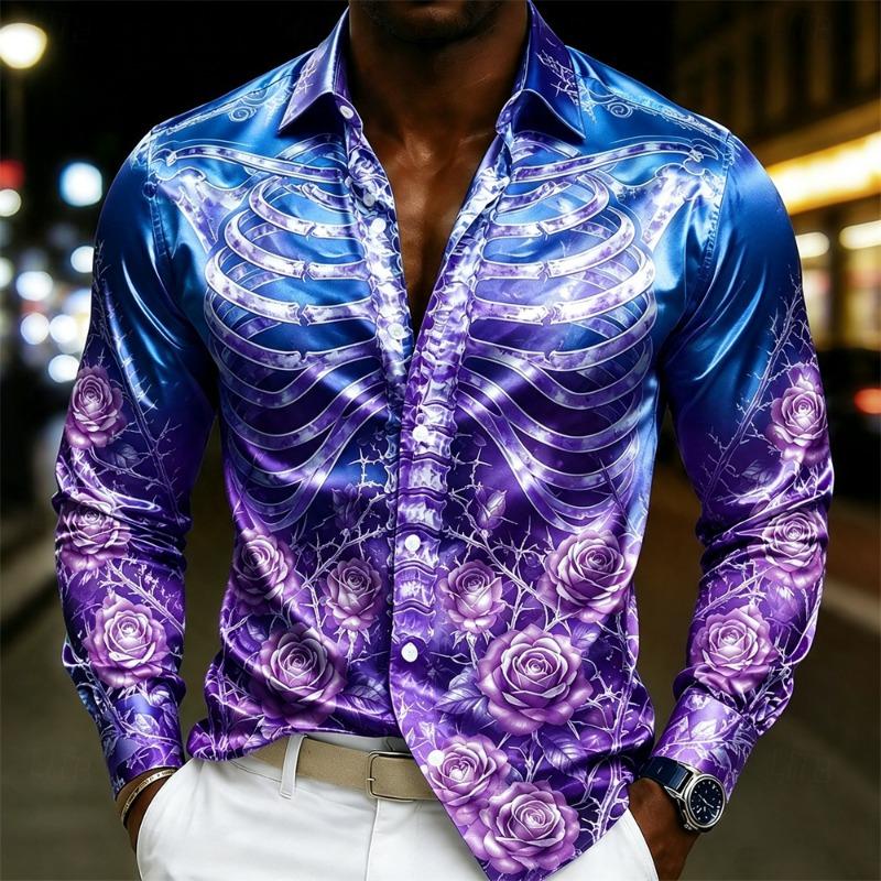 Luxury Men  Silk Satin Shirt Rose Floral Jacquard Long Sleeve Slim Fit Formal Evening Wedding Prom Party Business Dress Shirts