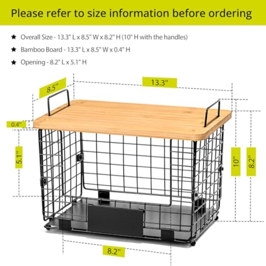 2 Set XL Stackable Wire Basket with Bamboo Tops Tags- Pantry Organizer and Storage Bins Kitchen Counter Cabinet Shelf Counterto
