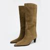 Retro Brown Faux Suede Boot Women Fashion Pointed-Toe Sewing Kitten Heel Design Brand Knee-High Boot Cozy Soft Leather Long Boot