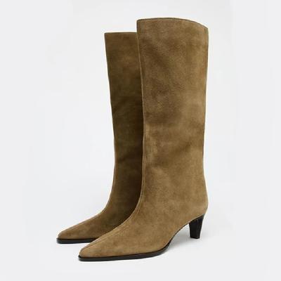 Retro Brown Faux Suede Boot Women Fashion Pointed-Toe Sewing Kitten Heel Design Brand Knee-High Boot Cozy Soft Leather Long Boot