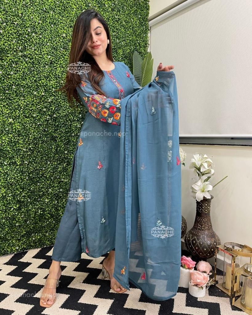 Indický dámský návrhář Kurta Pant Dupatta Set Bollywood Top Tunika Salwar Suit Kurti Dress