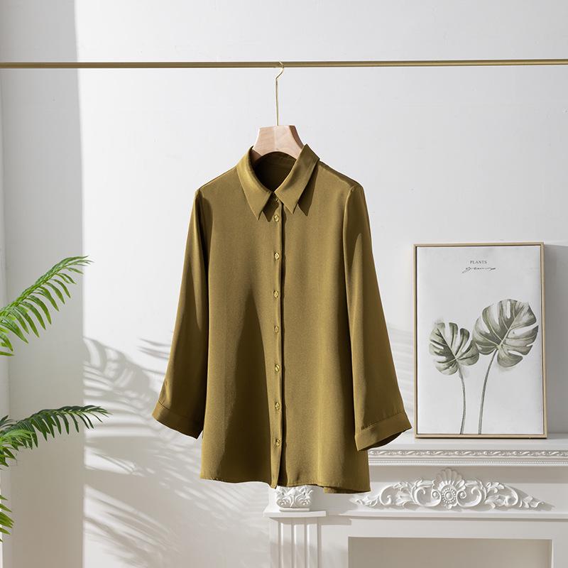 Women's Elegant Silk Commuting Shirt, Solid Color, Three-Quarter Sleeves, Mulberry Silk Top