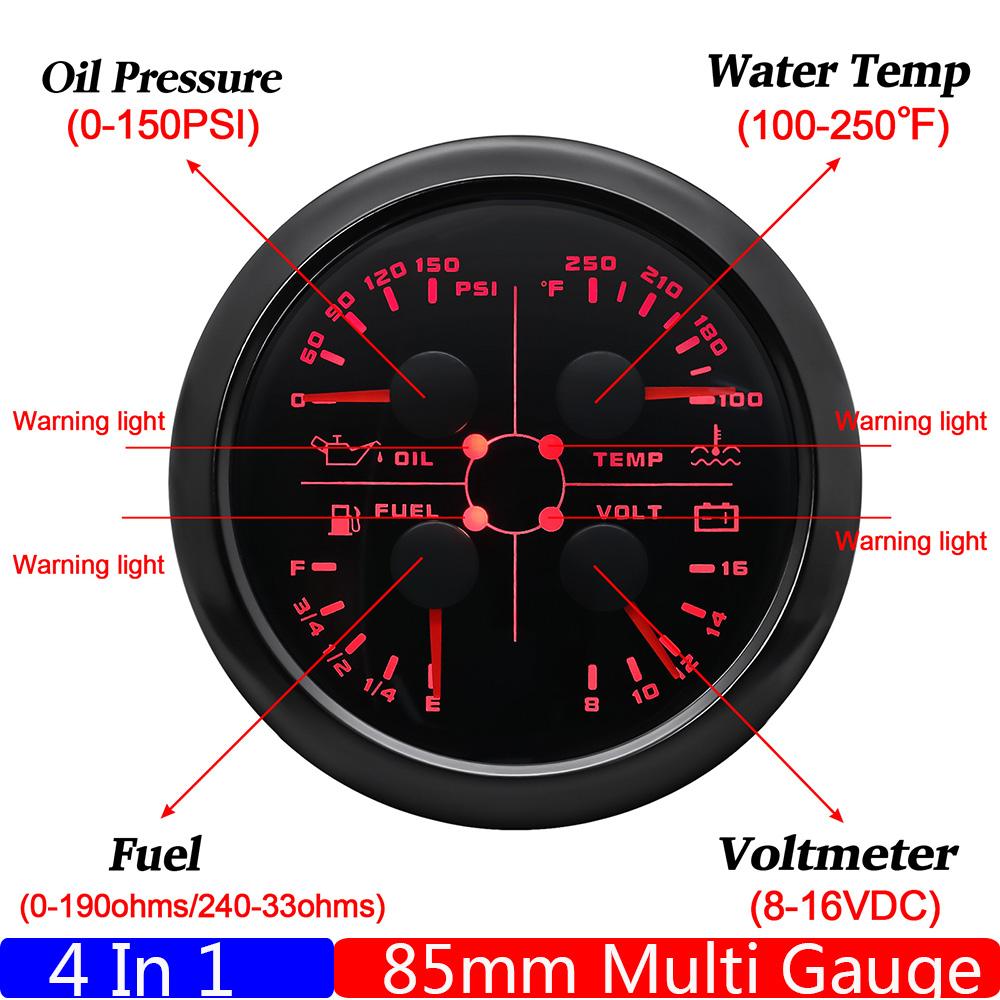 Red LED Pointer 85mm Gauge 0~10Bar Oil Pressure+Water Temp+Fuel Level Gauge+Voltmeter 0-190ohm Fuel Sensor Car Boat DC12V Custom