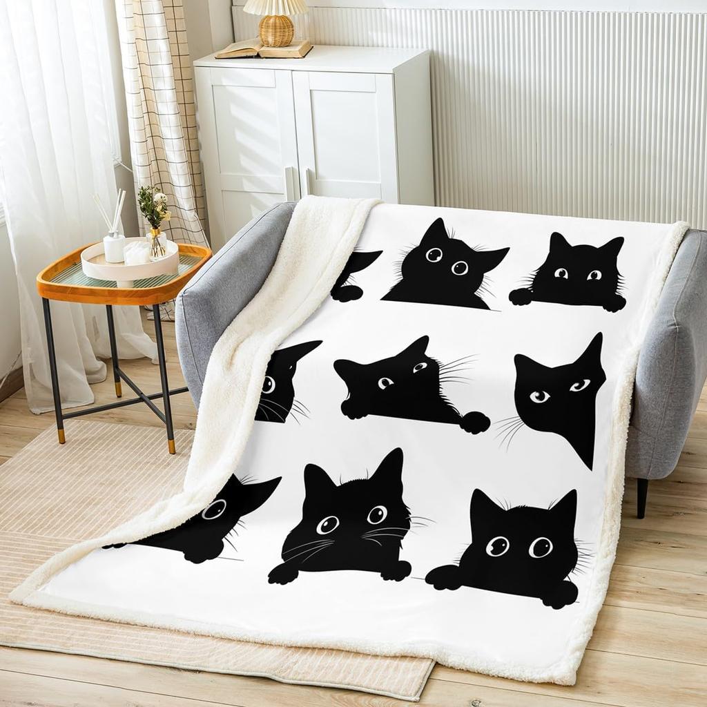Feelyou Black Cat Fuzzy Blanket for Kids Toddler Cute Pet Cats Fleece Throw Kawaii Super Soft Cozy Animal Sherpa Blanket 50"X60"