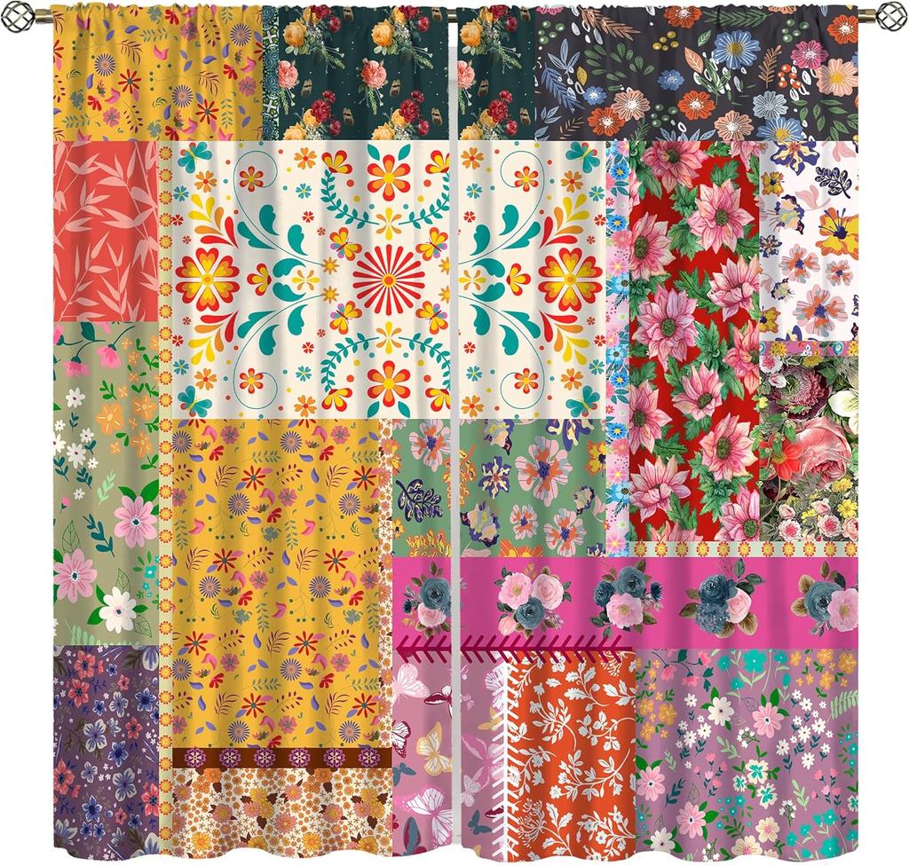 Bohemian Boho Floral Curtains Vintage Abstract Oil Painting Colourful Art Medieval Hippy Plant Flower Window Treatments Drapes Made Of Polyester