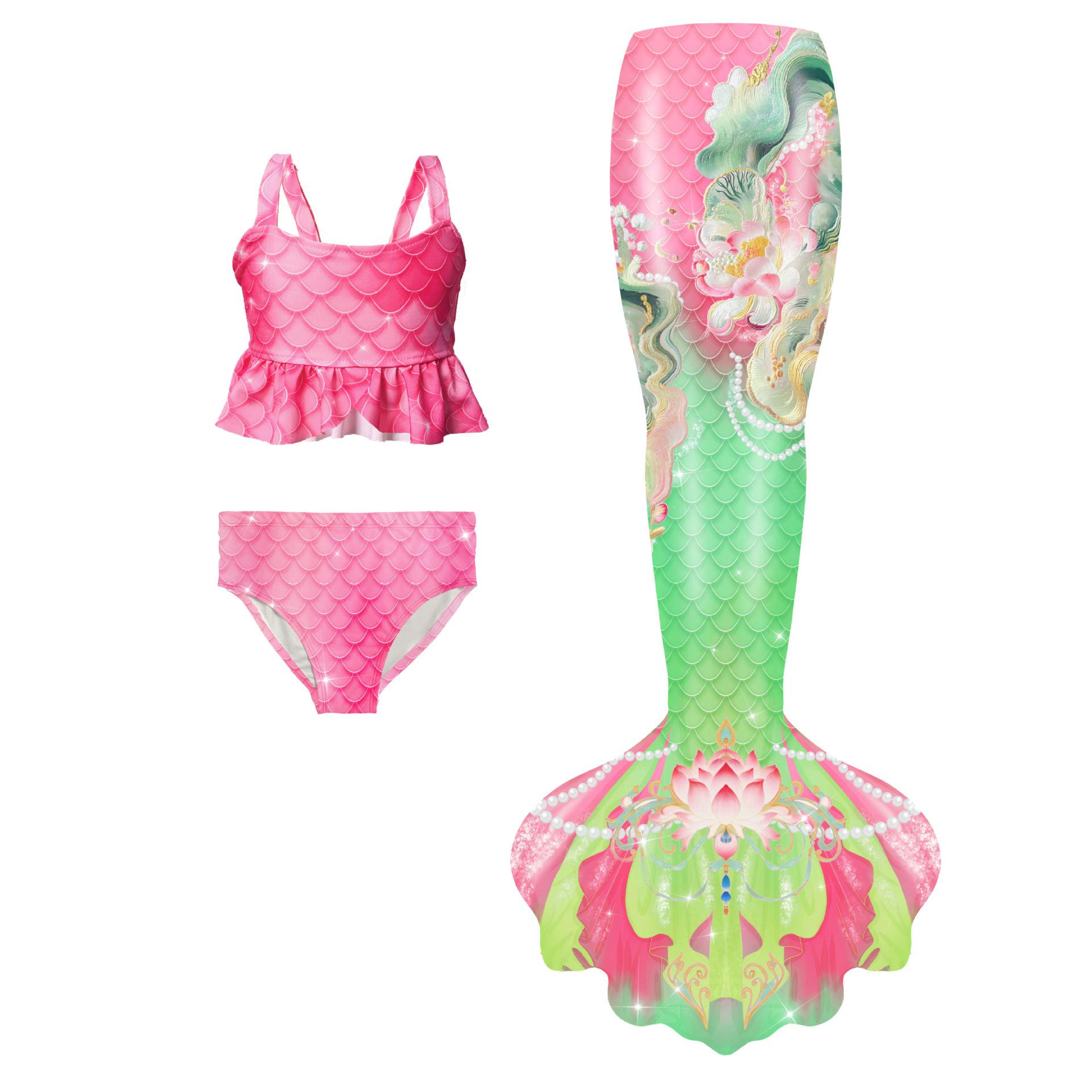 BESMORLE Mermaid Fish Tail Swimsuit for Girls - Princess Performance Bikini Costume, Two-piece Set. 110