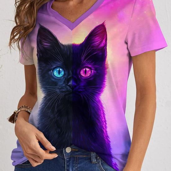 Cute Kitten T-Shirts Cat 3D Print Summer Women's Casual Short Sleeve V-Neck T Shirt Top Y2k Harajuku Tees Female Street Clothing