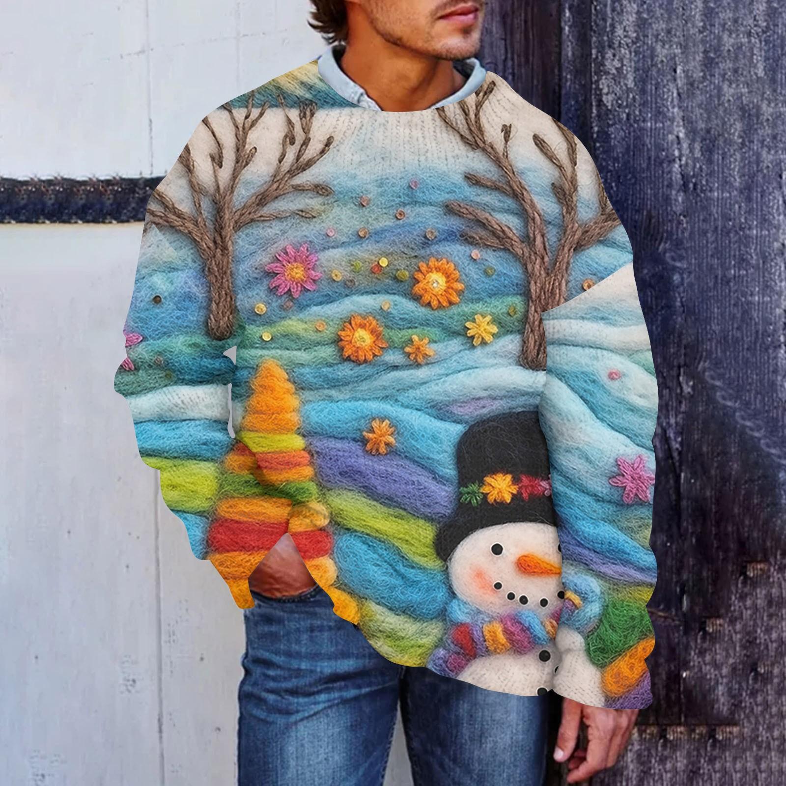 

Мужской рождественский принт, искусственный свитер, толстовка с круглым вырезом, свободный топ с длинными рукавами XXXL синий