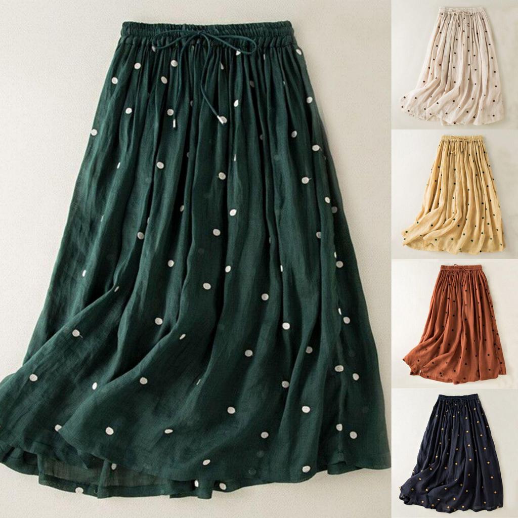 2025 Spring/Summer Women's Cotton Linen Polka Dot Pleated Midi Skirt with Elastic Waist