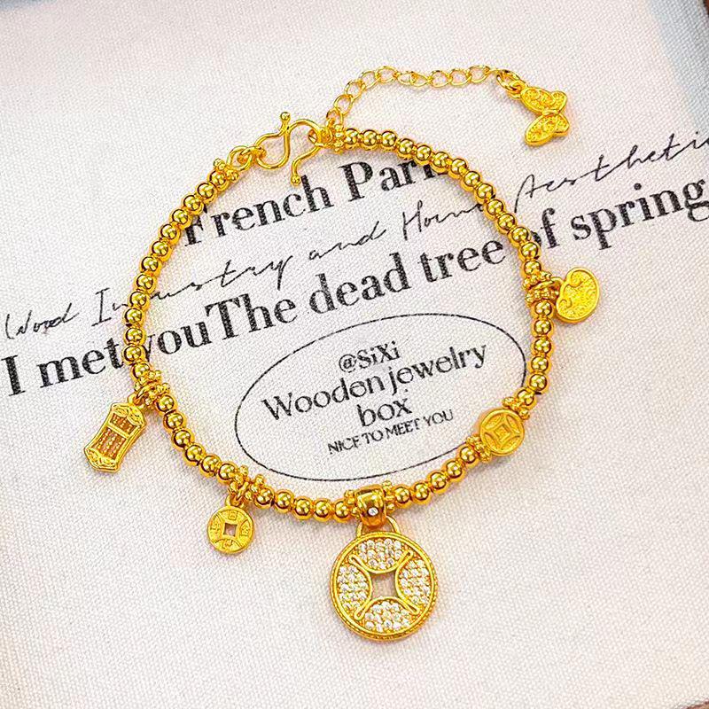 Gold-Plated Diamond Copper Coin Bracelet: Women's Chinese-Style Beaded Jewelry