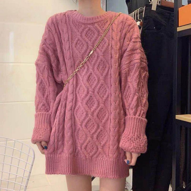 Plus Size Women Knitted Sweater Pink Crew Neck Oversized Jumper Loose Pullovers Autumn Winter Tops