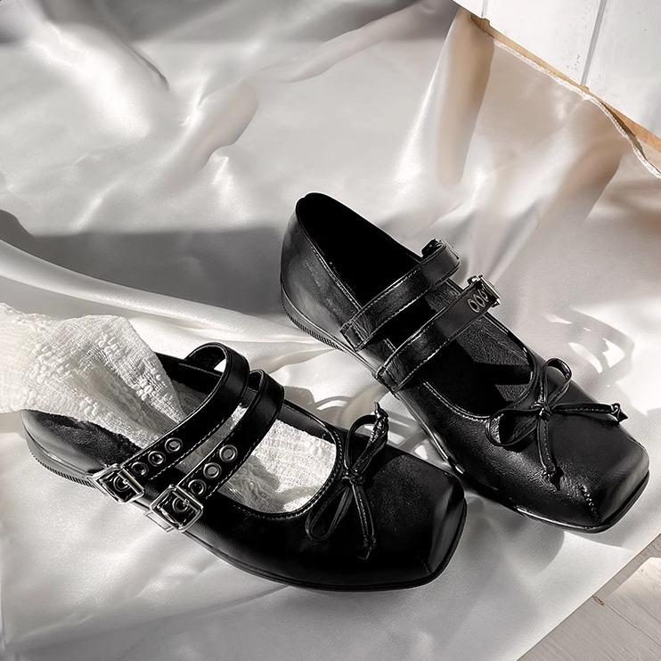 Fashion double buckle belt women flats square toe bowtie mary janes shoes cute lolita shoes soft bottom loafers woman brogues flats