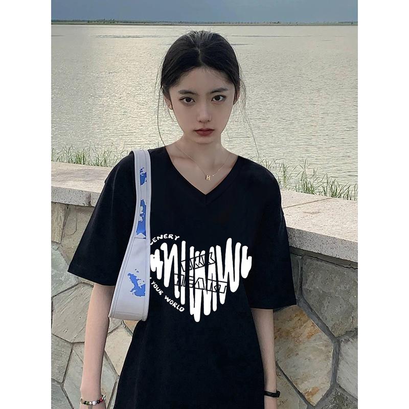 Women's V-Ne Oversize Cotton T-irt ort Sve Loose Fit Summer Casual Print Korean Sle Comfortable Breathable Top