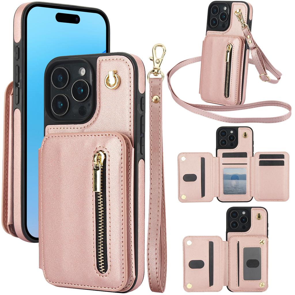 Card Slots Zipper Leather Wallet Case Flip Phone Case for For Iphone 11 12 13 14 15 16 17 Pro Max Plus Promax 16e Ring Lanyard Purse