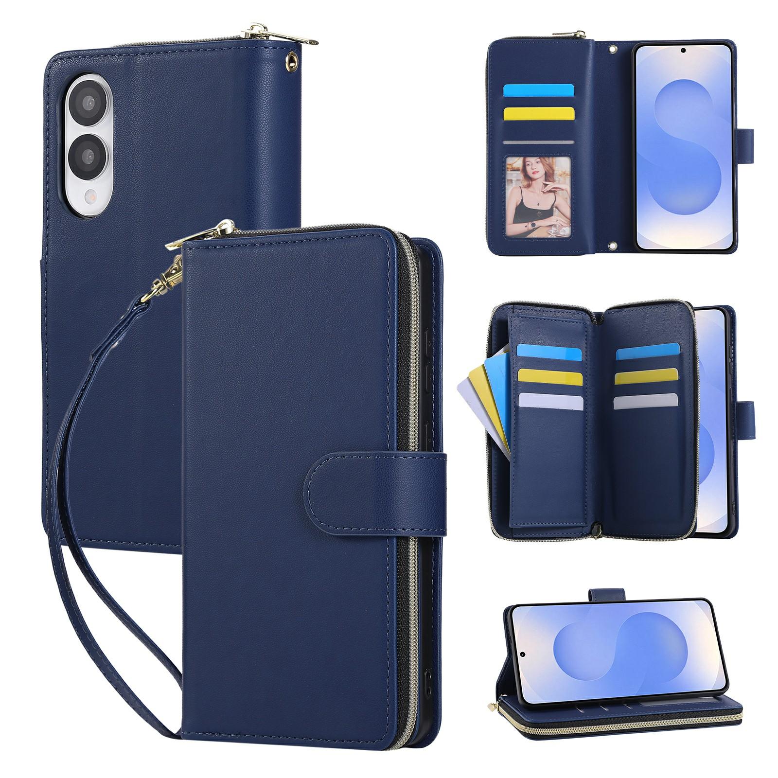 

For Samsung Galaxy S25 Edge Case Zipper Pocket PU Leather Cover with 9 Card Slots Blue