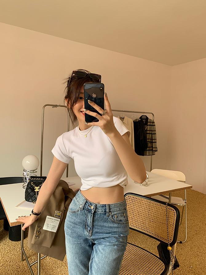

American white t-shirt women s front shoulder short-sleeved European goods new thin round neck pure cotton stacked bottom top S белый