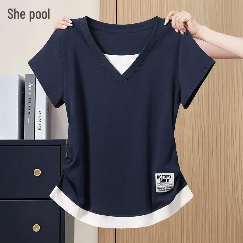 Women s Contrast Stitch Faux Two-Piece V-Neck T-Shirt M