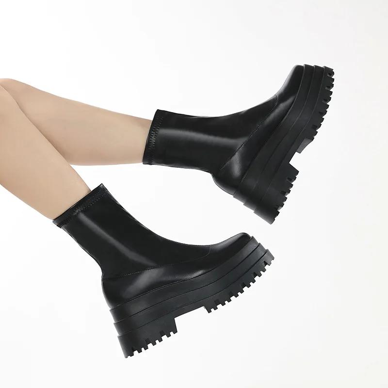Fashion New Sexy Chain Women Leather Autumn Boots Block Heel Gothic Black Punk Style Platform Shoes Female Footwear High Quality