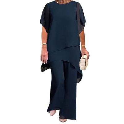 2-teiliges Chiffon-Set für Damen, lässig, Übergröße, weiter Hosenanzug, Rüschen, asymmetrische Lagen, Hochzeitsgast-Outfit für Frühling und Sommer