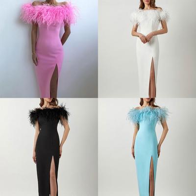 Nouveau Robe de Soirée Épaule Robe Célébrité Plume Robe Longue Tempérament Vêtements pour Femmes Européens et Américains Printemps et Été
