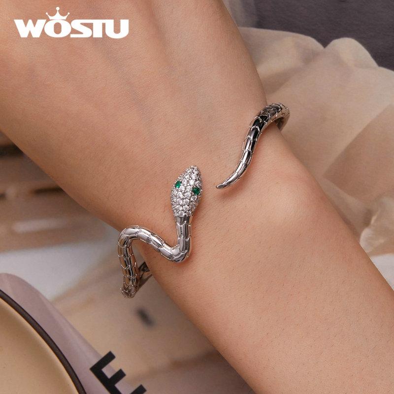 WOSTU Silver Color Classical Snake Open Bangle Bracelets For Women Men Green White Zircon Charm Bracelet Unique Jewelry Gift