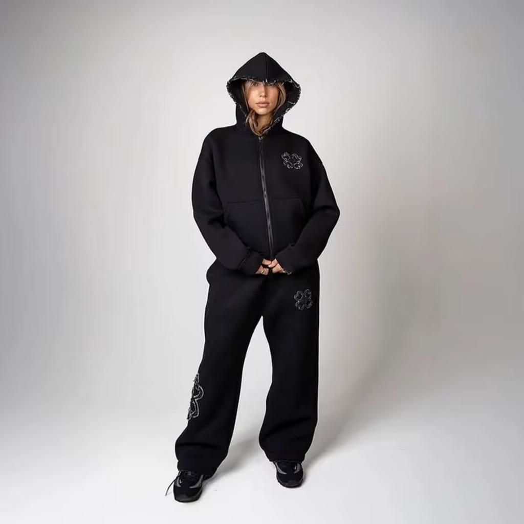 BeatStreet Embroidered Zip Hoodie & Pants Set Men Streetwear Trendy Loose Casual 2-Piece Tracksuit New Fashion