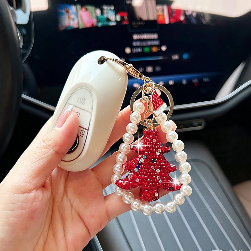 Yogodlns Exquisite Full Diamond Christmas Tree Keychain Pearl Wristbands Colorful Christmas Tree Keychain Car Keyring Bags Decor Party