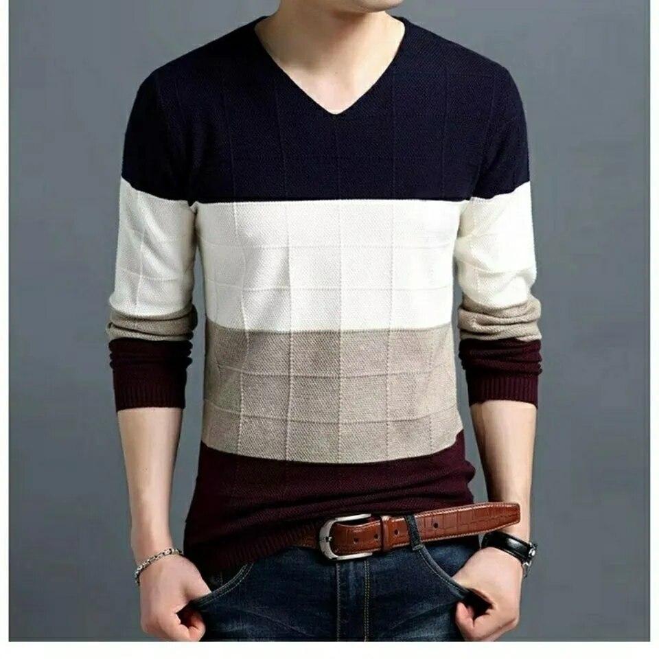 

Корейский простой повседневный мужской свитер с длинными рукавами и v-образным вырезом, цветных блоков, жаккардовый универсальный модный свободный осенне-зимний новый вязаный пуловер XXXL темно-синий