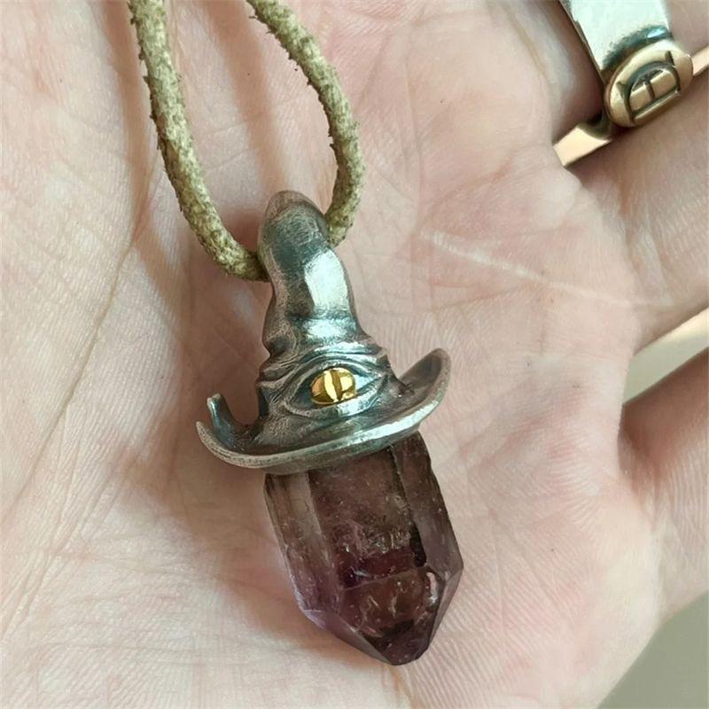 Yuji Retro Style Natural Amethyst Hexagonal Column Witch Hat Pendant, Niche Unique Simple Pendant