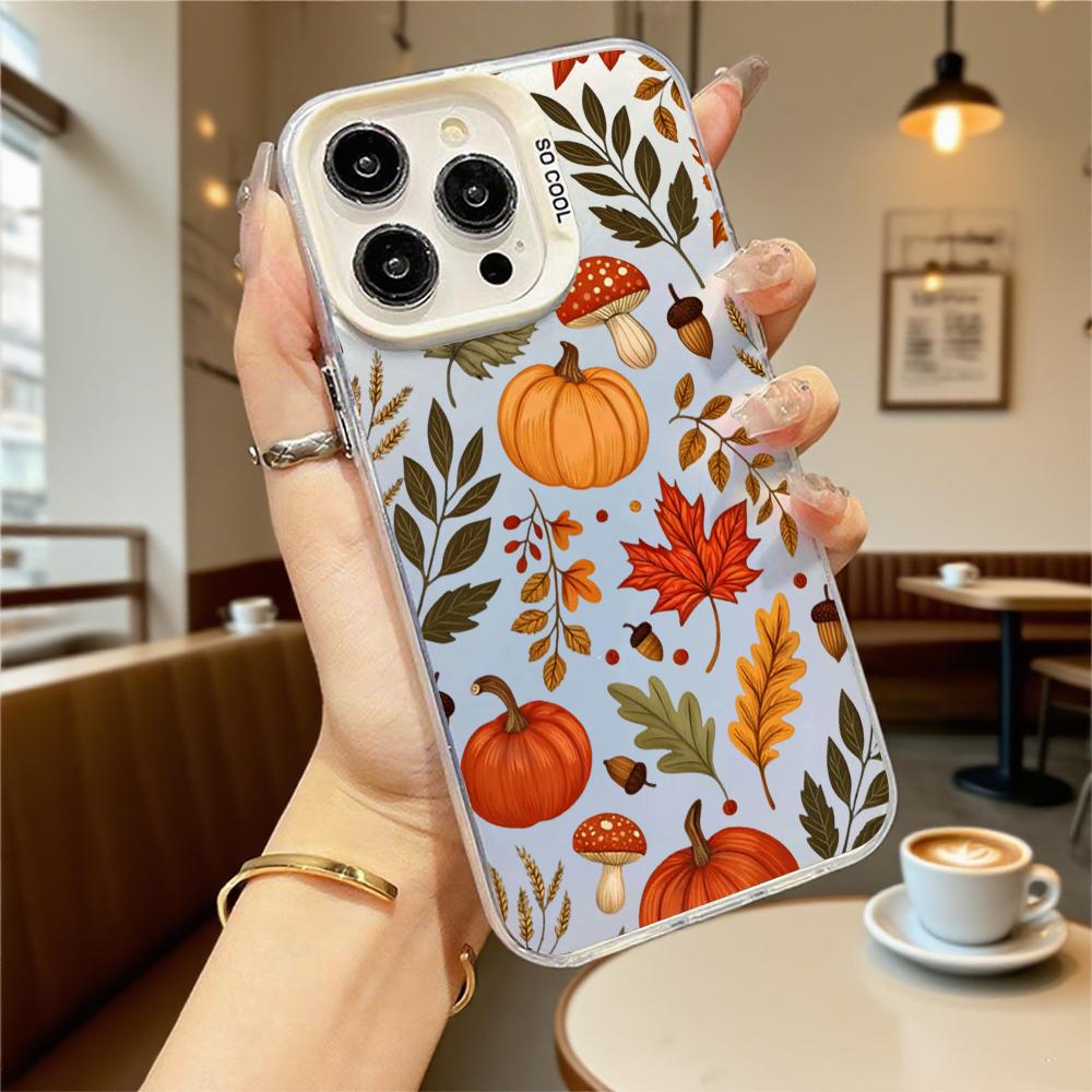 Autumn Pattern Pumpkins Leaves Hard Phone Case for Iphone 16 15 14 13 12 11Pro Max Mini Shockproof Anti-Scratch Protective Cover