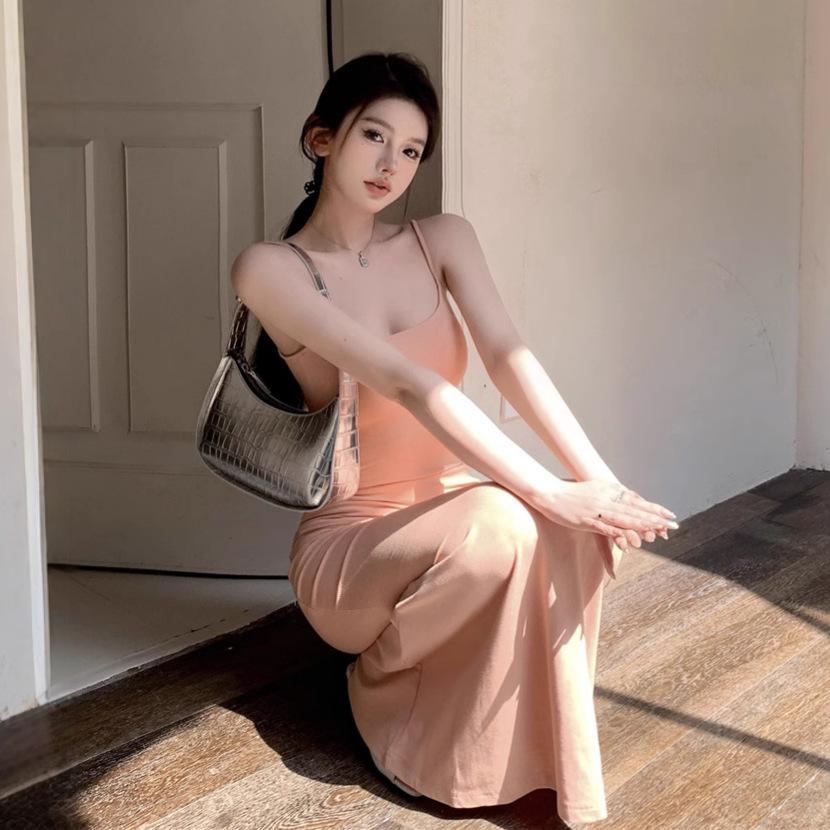 Sexy Tight Suspender Dress Women's Summer Pure Desire Wind Pink Slim Fishtail Dress Showing Figure Hip-wrapped Dress