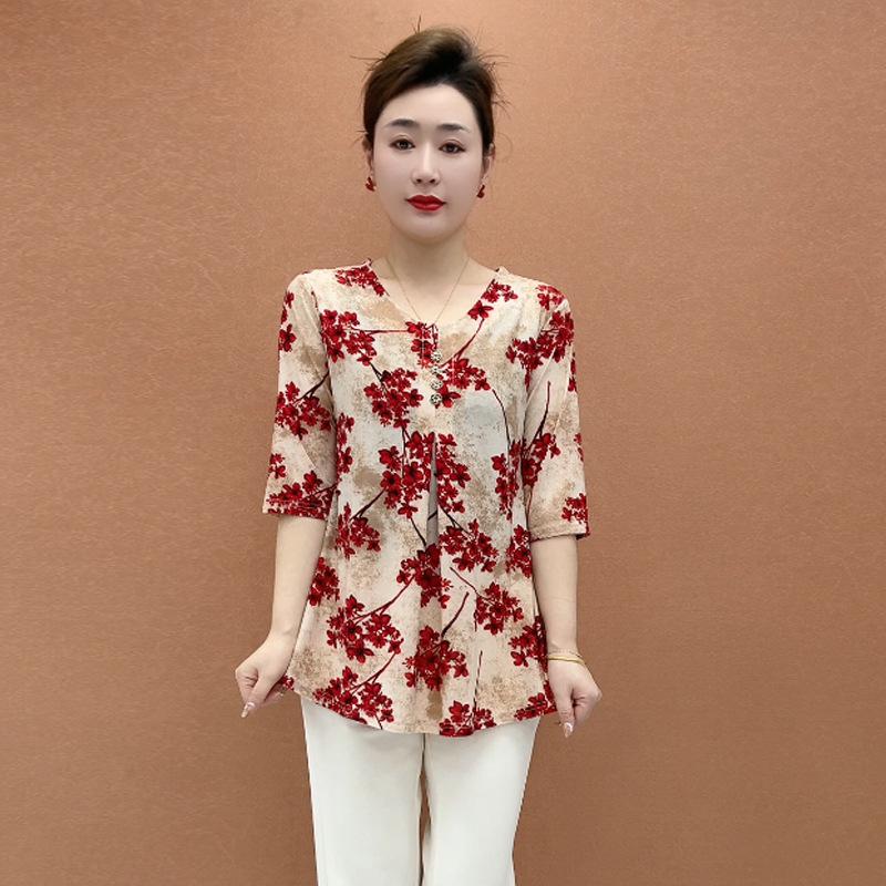 

Mother s Day Plus Size Summer Chiffon T-Shirt for Mid-Aged and Elderly Women 3XL (125-135 jin) красный