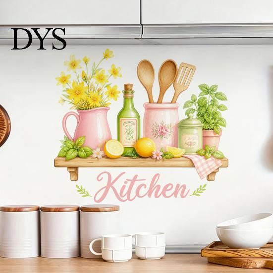 Nordic Style Wall Decor Watercolor Kitchen Stickers, Lemon Green Plant Teapot Self?Adhesive Decals, Peel Stick Mural Waterproof Stove Stickers