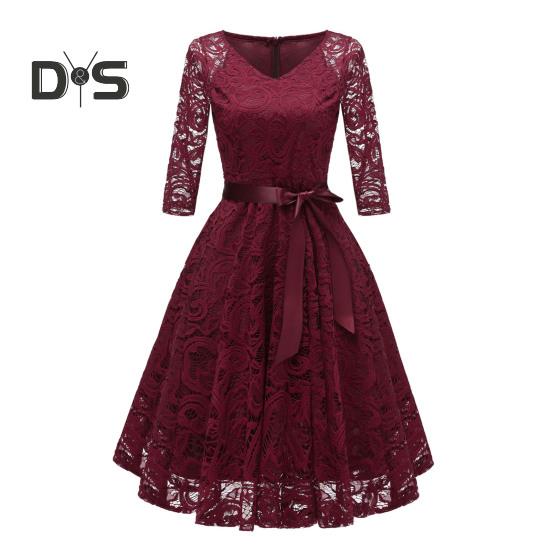 Women Prom Dress V Neck Back Zipper Bow Belt Tight Mid Waist Flower Embroidery A-line Loose Hem Long Sleeve Double Layers Elegant Party Banquet Midi