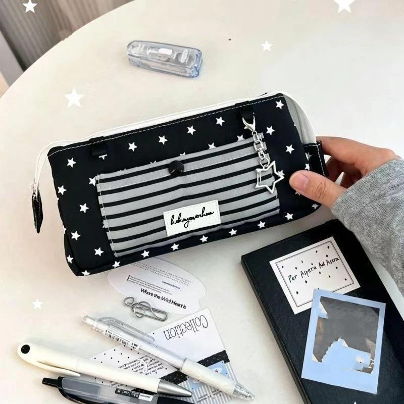 Korean Style Star Striped Print Pencil Case Multi-Layer Large Capacity Pen Bag Stationery Pouch Students