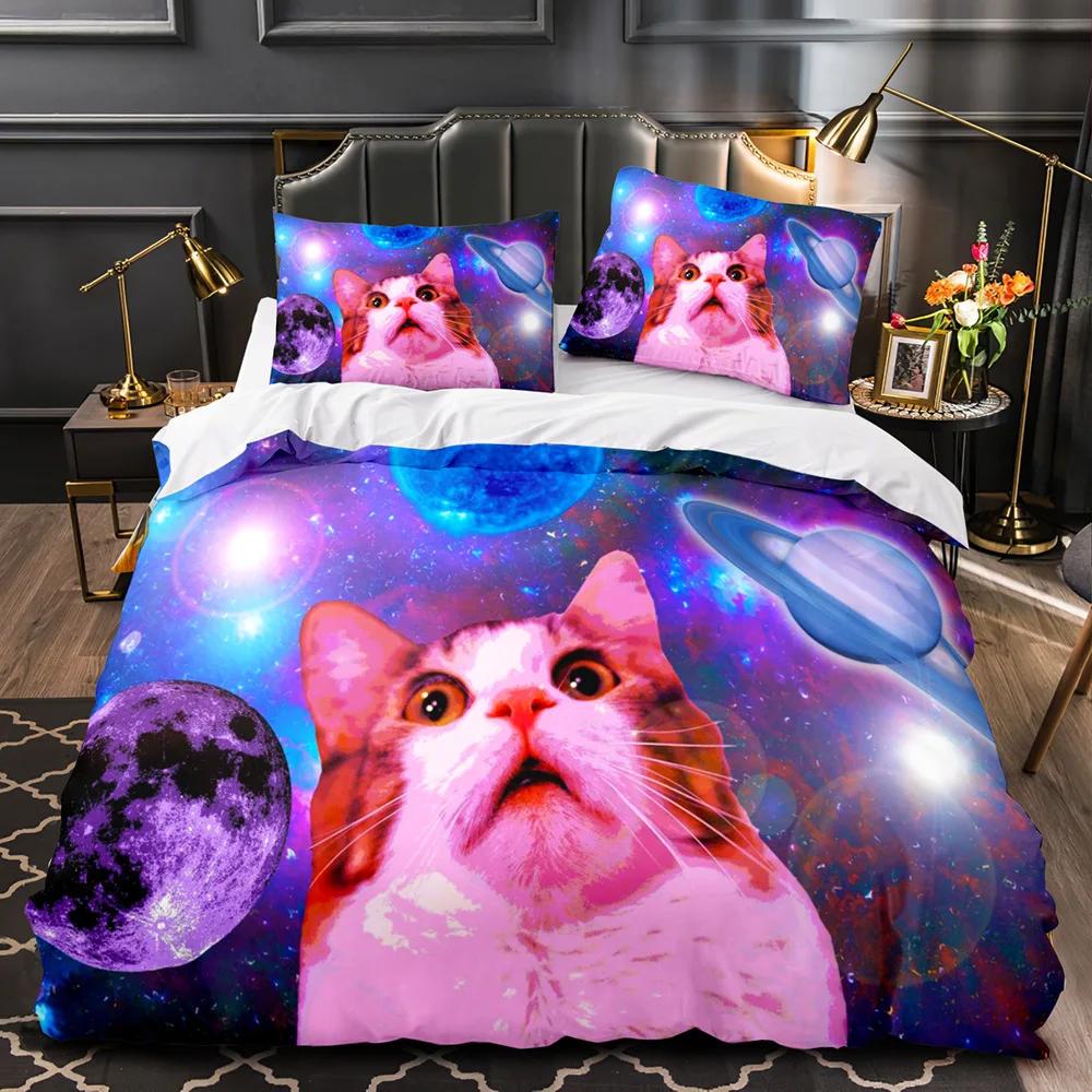 Comforter Bedding Sets For Double Size Galactic Cosmic 3d Cat Duvet Cover Bed Linen 2 Bedrooms For Boy Teen Girls Pink Purple