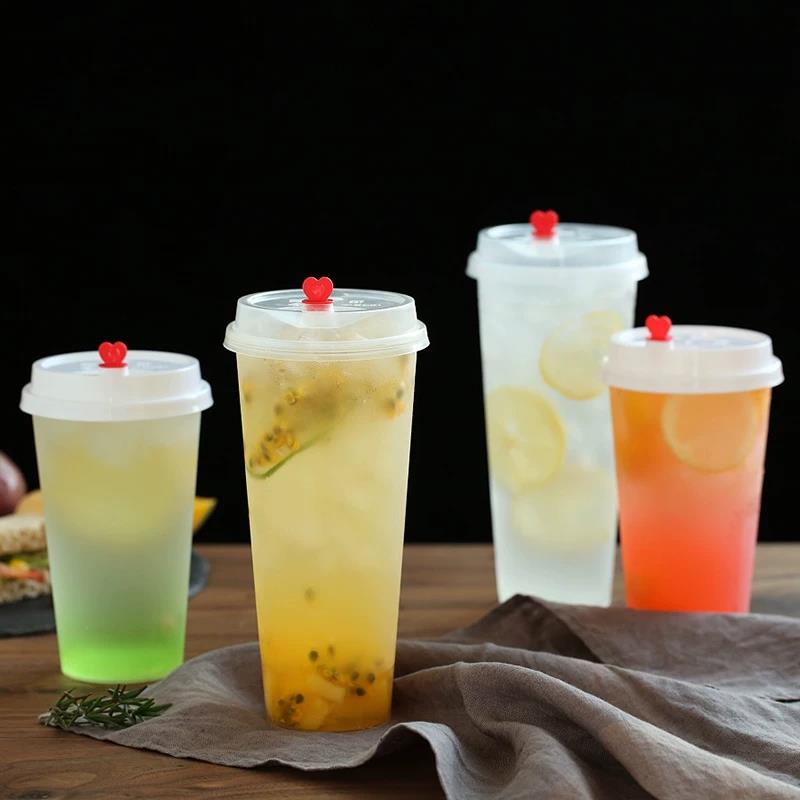 Thickened Plastic Transparent Cup Disposable Milk Tea Cupd Iced Coffee Latte Cold Drink Packaged Cup with Lid Hot and Cold Dual Use Drinking Utensils