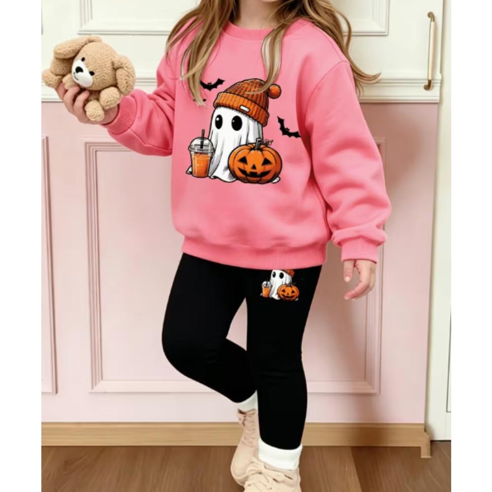 Girls' Halloween Ghost Casual Comfortable Soft Loose Pullover Sweatshirt and Leggings 2-Piece Set, New Autumn/Winter, Playful, Sweet and Cool Style