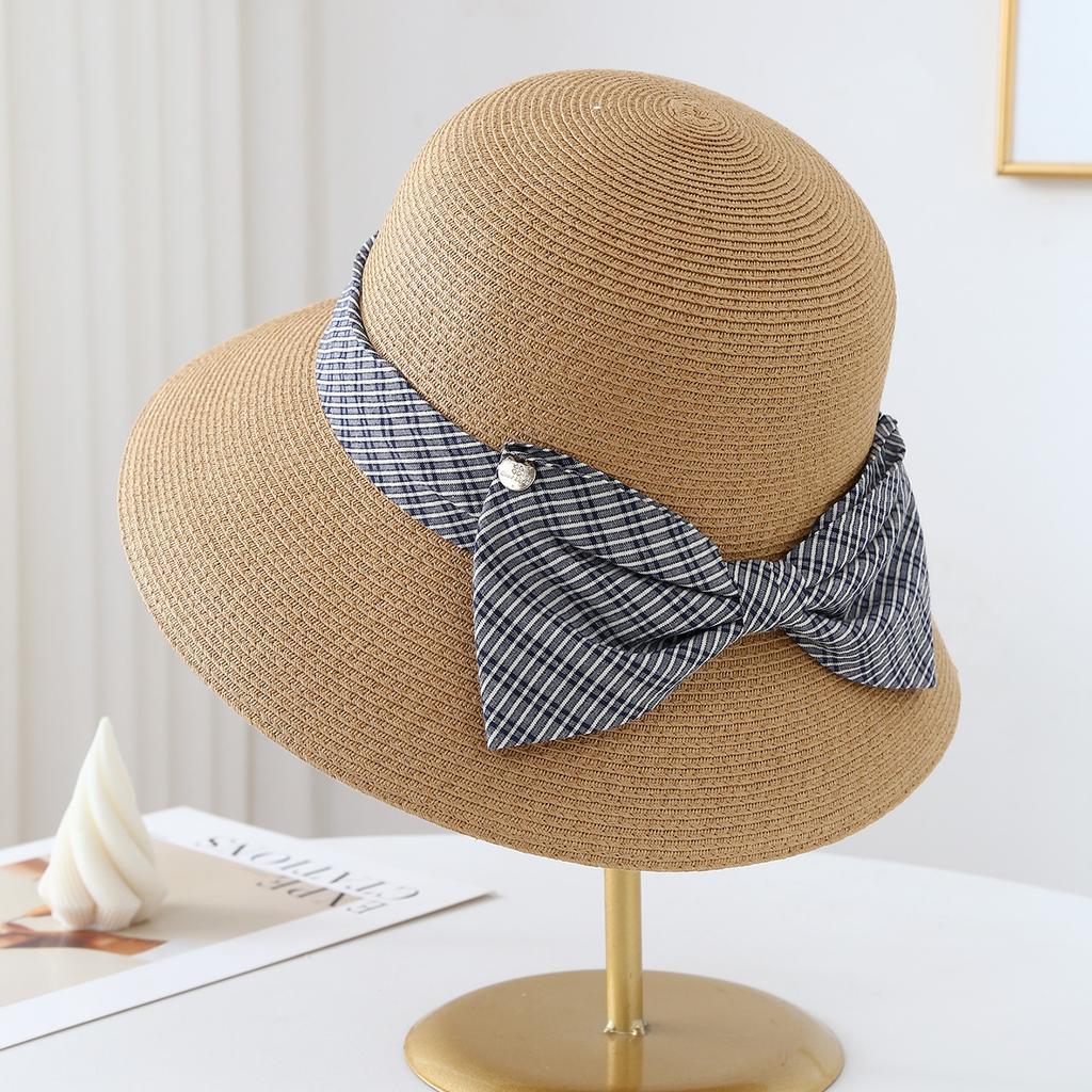 Korean Style Plaid Bowknot Bucket Hat Woven Sunshade Versatile Women's Summer Sunhat Fashionable Outdoor Protection