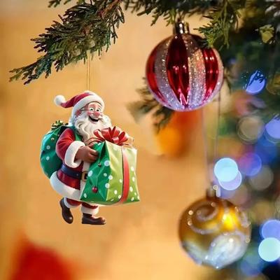 Yousheng Acrylic Santa Claus Christmas Ornaments 2D Flat Santa Riding Bicycle Hanging Ornaments Funny Santa with Gift Box Decoration for Home Tree