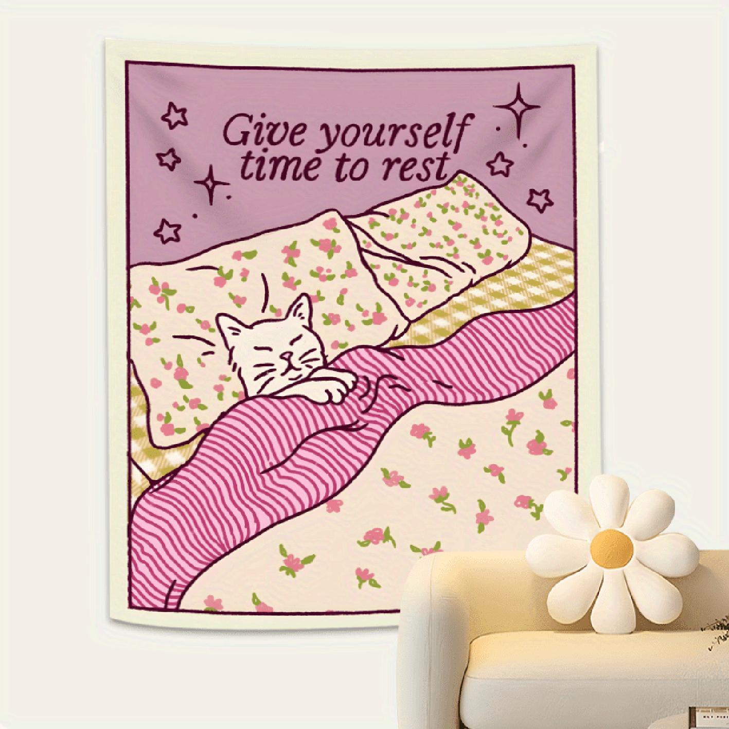 Chic Pink Cat Tapestry Wall Hanging with Give Yourself Time to Rest Quote Cozy Floral Striped Design Living Room Dorm 74x94cm(29x37in)