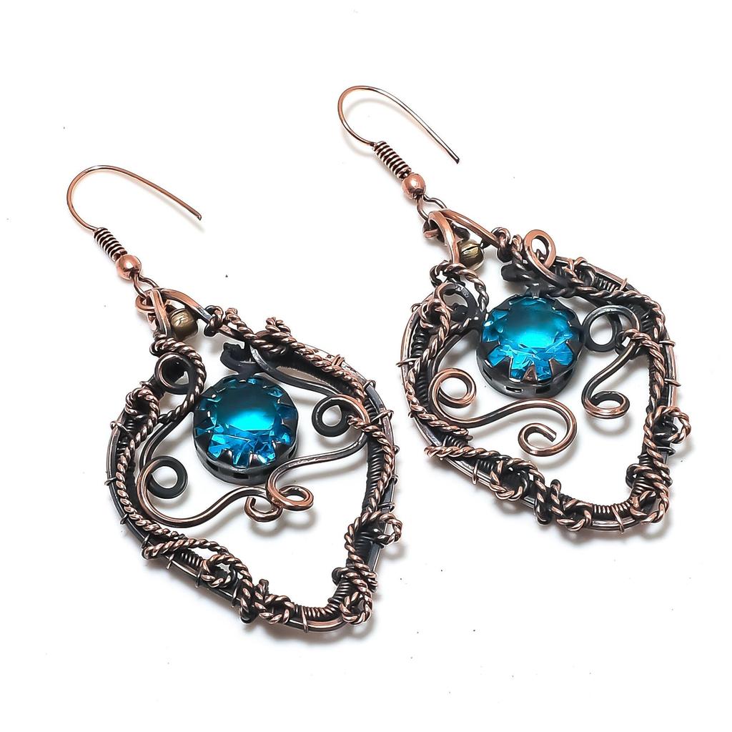 Blue Topaz Earrings, 999 Copper Wire Wrapped Gemstone Jewelry, Handmade Earrings, For Thanksgiving