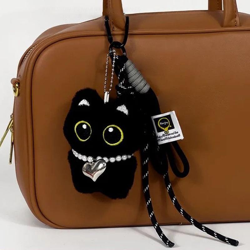 Cute Cartoon Black Cat Keychain Bag Pendant Backpack Hanging Ornaments Lovely Small Cat Doll Animal Car Keyring Kids Gift