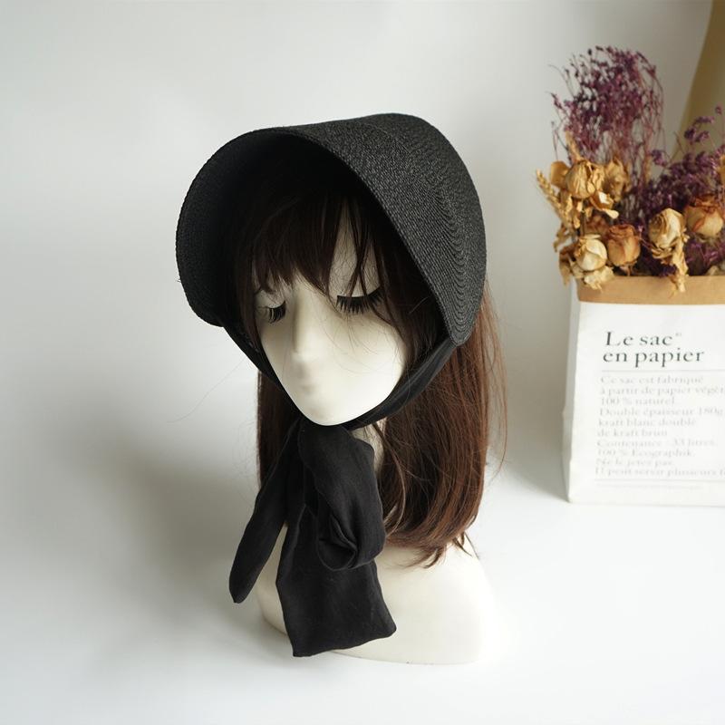 French Retro Elegant Loli Japanese Black One-Piece Lace-Up Straw Straw Hat Women'S Summer Sunshade Vacation Photo