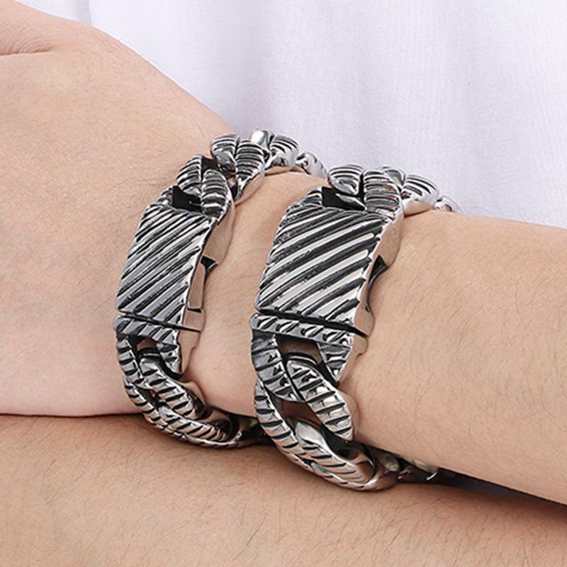 Kalen 20/33mm Stainless Steel Chunky Bracelet for Men Vintage Striped Cuban Chain Cuff Bracelets Personalized Cool Party Jewelry