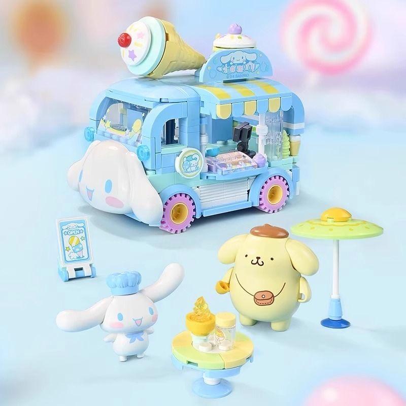 Non-Toxic Sanrio Series Building Blocks Hello Kitty Pochacco Burger Car Pom Pom Purin Cinnamoroll Dessert Car Model Bricks Kids Toys Gifts