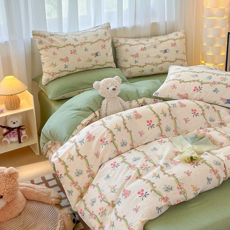 Trendy Double-Sided Cotton Dorm Bedding Set, Fresh Style, 3-Piece or 4-Piece Options