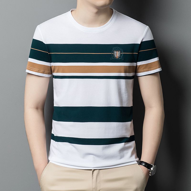 Summer Men's Striped Short-sleeved T-shirt Thin Round Neck Straight Type Youth Youth Popular