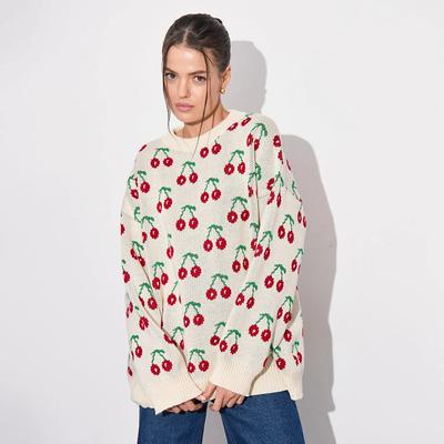 Autumn Winter Cherry Print Sweater Women's Lazy Loose Pullover Office Casual Comfortable Versatile Knitted Undercoat Top